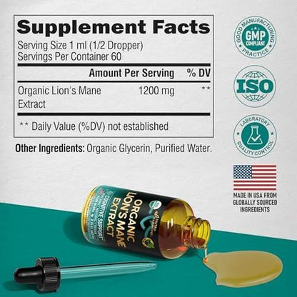 Lions Mane Liquid - USDA Certified Organic Lions Mane Supplement - Brain Support, Energy, Memory & Focus - Sugar & Alcohol-Free Lion's Mane Mushroom Extract 72,000 mg / Bottle, 2 Fl OZ, 2 Month Supply