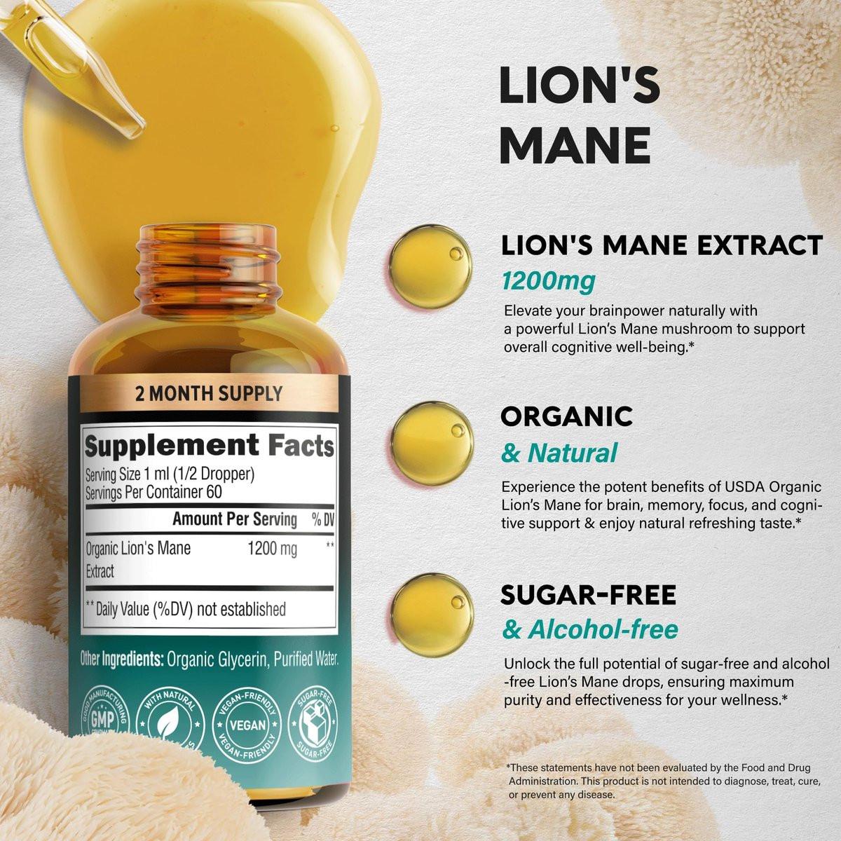 Lions Mane Liquid - USDA Certified Organic Lions Mane Supplement - Brain Support, Energy, Memory & Focus - Sugar & Alcohol-Free Lion's Mane Mushroom Extract 72,000 mg / Bottle, 2 Fl OZ, 2 Month Supply - görsel 7