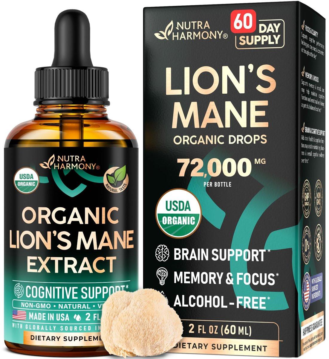 Lions Mane Liquid - USDA Certified Organic Lions Mane Supplement - Brain Support, Energy, Memory & Focus - Sugar & Alcohol-Free Lion's Mane Mushroom Extract 72,000 mg / Bottle, 2 Fl OZ, 2 Month Supply - görsel 1