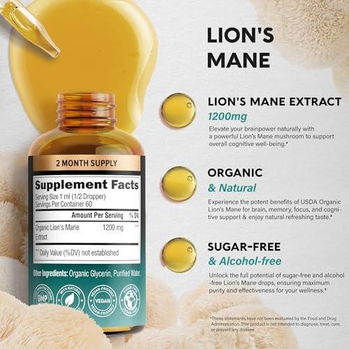 Lions Mane Liquid - USDA Certified Organic Lions Mane Supplement - Brain Support, Energy, Memory & Focus - Sugar & Alcohol-Free Lion's Mane Mushroom Extract 72,000 mg / Bottle, 2 Fl OZ, 2 Month Supply - görsel 8