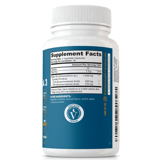 Dr. Tobias Vegan Omega 3 Supplement, 1400mg Algae Oil, 420mg DHA, and 210mg EPA per Serving, Non-GMO, Gluten-Free, Carrageenan-Free, 60 Capsules, 30 Servings