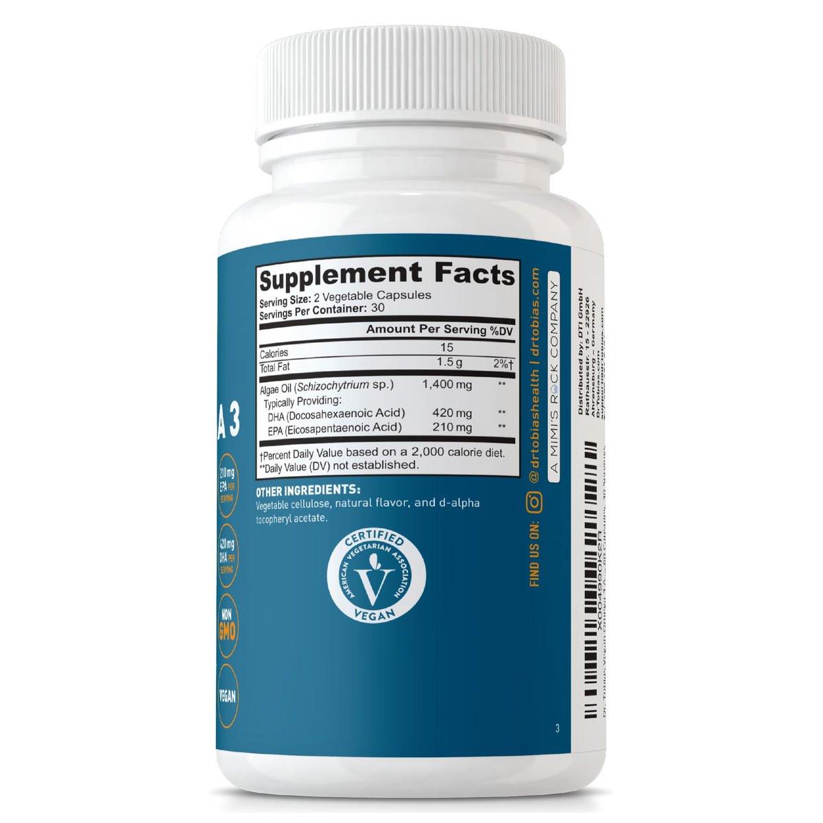 Dr. Tobias Vegan Omega 3 Supplement, 1400mg Algae Oil, 420mg DHA, and 210mg EPA per Serving, Non-GMO, Gluten-Free, Carrageenan-Free, 60 Capsules, 30 Servings - görsel 3