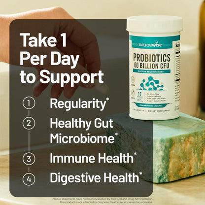 NatureWise Probiotics 60 Billion CFU - 17 Strains + Organic Prebiotics - Immune, Digestive & Gut Health Support for Women & Men - Vegetarian, Gluten-Free, Non-GMO - 30 Capsules [1-Month Supply]