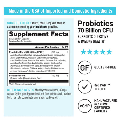 NatureWise Probiotics 70 Billion CFU - 17 Strains + Organic Prebiotics - Immune, Digestive & Gut Health Support for Women & Men - Vegetarian, Gluten-Free, Non-GMO - 60 Capsules [2-Month Supply]