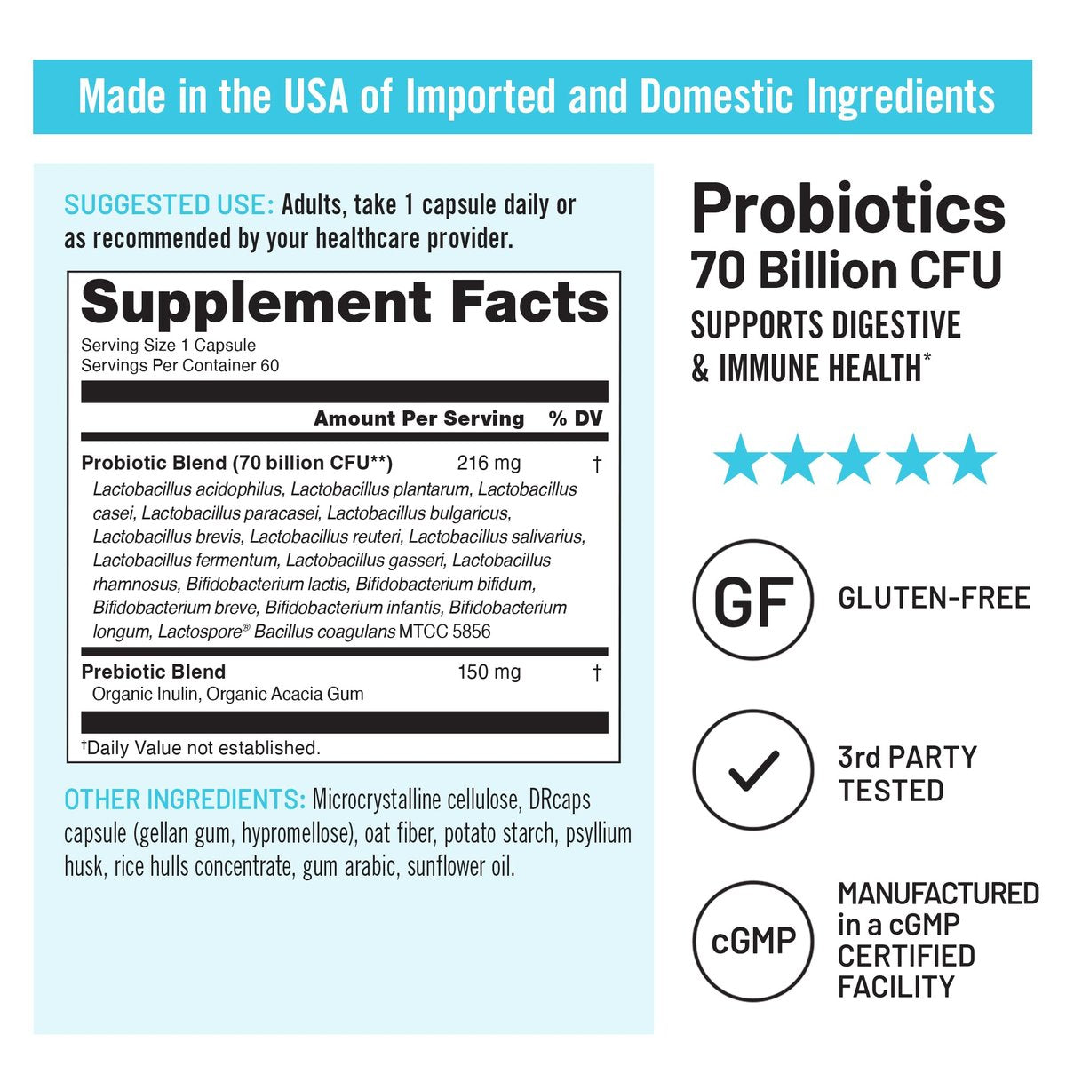 NatureWise Probiotics 70 Billion CFU - 17 Strains + Organic Prebiotics - Immune, Digestive & Gut Health Support for Women & Men - Vegetarian, Gluten-Free, Non-GMO - 60 Capsules [2-Month Supply] - görsel 8