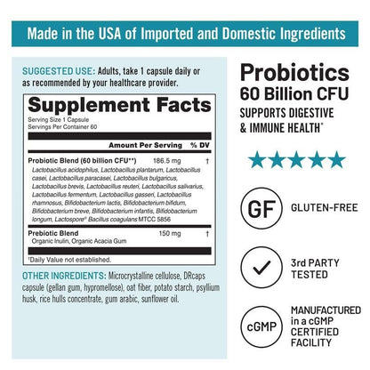 NatureWise Probiotics 60 Billion CFU - 17 Strains + Organic Prebiotics - Immune, Digestive & Gut Health Support for Women & Men - Vegetarian, Gluten-Free, Non-GMO - 60 Capsules [2-Month Supply]