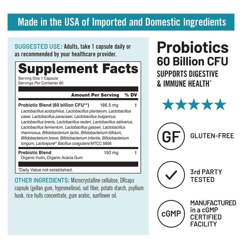 NatureWise Probiotics 60 Billion CFU - 17 Strains + Organic Prebiotics - Immune, Digestive & Gut Health Support for Women & Men - Vegetarian, Gluten-Free, Non-GMO - 60 Capsules [2-Month Supply] - görsel 2