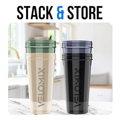 VELOMIX -4 PACK 28 Oz Protein Shaker Bottle for Protein Mixes - 4x Wire Whisk | Leak Proof Shaker Cups for Protein Shakes | Large, Stackable Protein Shaker Bottle Pack | Dishwasher Safe (Forest Edge)