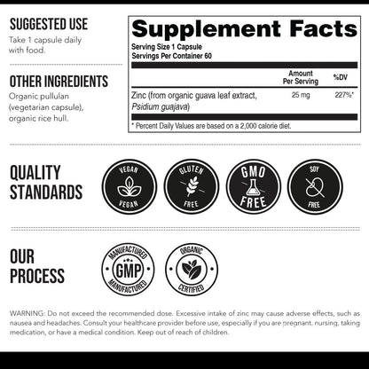 Organic Zinc 25 mg | Whole Food Zinc Supplements | Derived from Organic Fruit, Elemental Zinc - Water Extracted, Vegan, GMO-Free - Essential Mineral, Antioxidant, Immune Support, Skin - 60 Servings