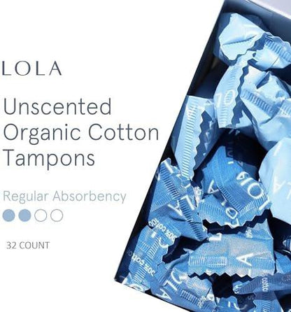LOLA Organic Tampons - Regular Absorbency, 32 Count - Bulk Tampons for Women with BPA-Free Plastic Applicator & Hypoallergenic, Toxin-Free Feminine Hygiene Product