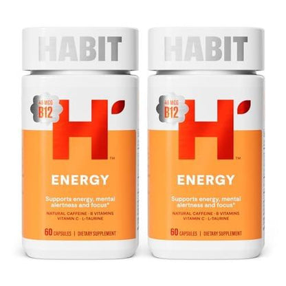 Habit Energy Supplement 2 Pack (120 Capsules) - New Look, Supports Energy, Mental Alertness and Focus, Natural Caffeine, Vitamins B & C, Green Tea Extract, Vegan, Non-GMO