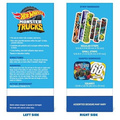 Hot Wheels Monster Trucks Antibacterial Kids Bandages, 3 Assorted Sizes 100 CT | Wear Like Stickers, Flexible Adhesive Bandages for Minor Cuts, Scrapes, and Burns. Great Gift Idea for Kids