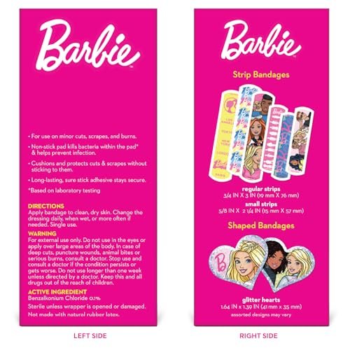 Barbie Antibacterial Kids Bandages, 3 Assorted Sizes 100 CT - Flexible Adhesive Bandages for Minor Cuts, Scrapes, and Burns - görsel 10