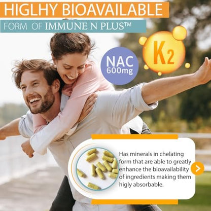 NAC 600mg, Quercetin 1,000mg, Vitamin C 500mg, Zinc 50mg, Vitamin D3 5,000iu, Selenium, Copper, Acerola, Ginger, Rutin, Citrus Bioflavonoids, Rose Hips, Echinacea, Immune N Plus 15 in 1 (90 Capsules)