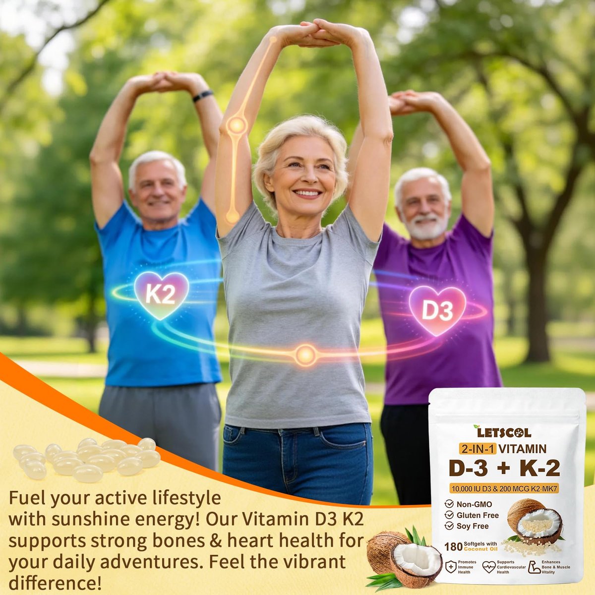 LETSCOL 2-in-1 Vitamin D3 K2 Supplement Softgel, Vitamin D3 10000 IU and Vitamin K2 200 mcg, K2 MK7 with D3 Vitamin Supplement Support Immune, Heart, Joint, Teeth & Bone Health - görsel 13