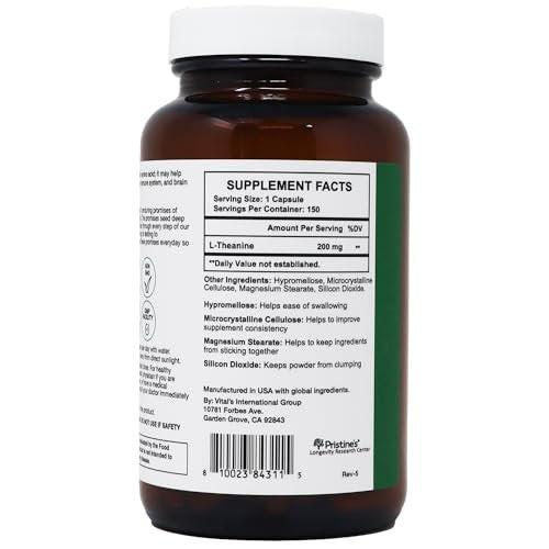 PRISTINE'S L Theanine 200mg Supplement Capsules - 3rd Party Tested Non GMO -150 Day Supply - Relaxation & Sleep Quality Support Capsules - Vegan, cGMP Facility & Gluten Free Glass Bottles - görsel 14