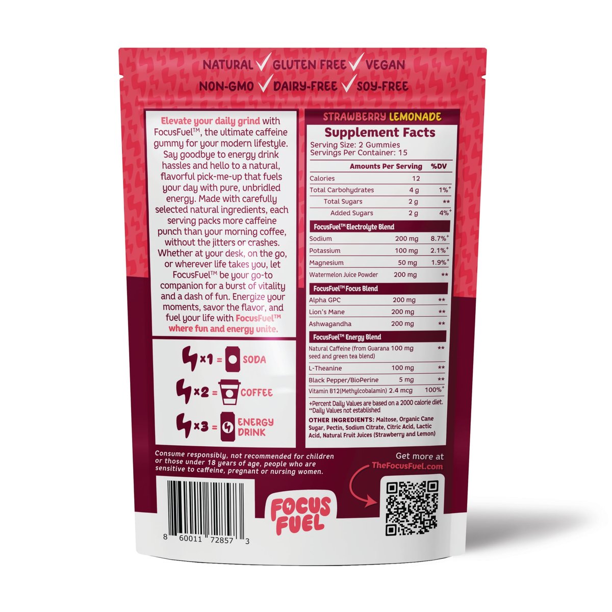 FocusFuel Energy Chews – Strawberry Lemonade Flavor (15 Servings) – 100mg Caffeine + Alpha GPC + L-Theanine + B12, Magnesium – Boost Focus & Energy – No Crash or Jitters - görsel 7