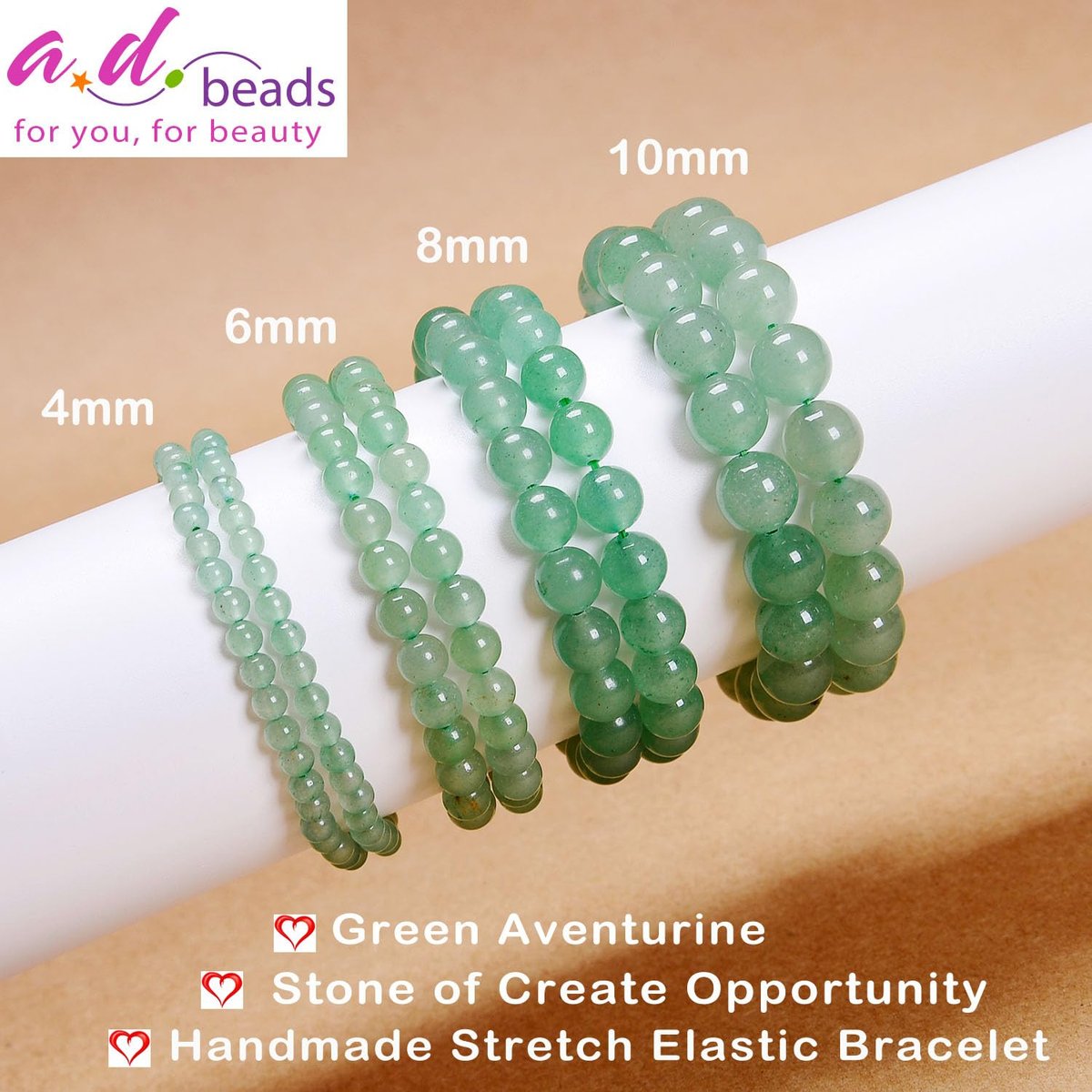 AD Beads Handmade Gemstone Stretch Elastic Bracelet Crystal Healing Reiki Nature's Beauty and Spiritual Essence Unisex (4mm, Green Aventurine (Opportunity)) - görsel 3