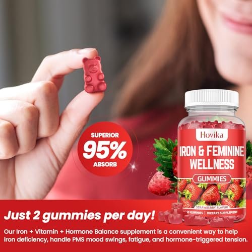 Iron for Women Gummies, 40mg Iron Supplement with Multivitamin, Zinc, Selenium, Iodine - for Iron Deficiency - Natural Hormonal Support for PMS, Strawberry Flavour, 60 Count - görsel 11