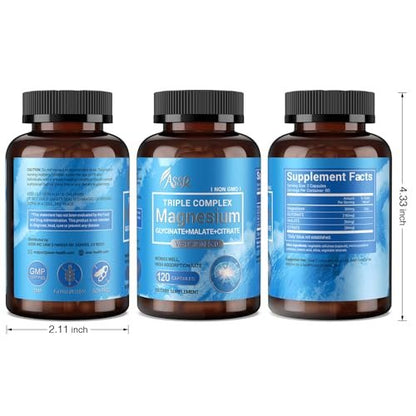 ASSR Triple Magnesium Complex - 300mg Pure Ocean Magnesium Glycinate & Magnesium Malate & Magnesium Citrate for Sleep, Energy, and Relaxation Support, High Absorption, Vegan, Non-GMO, 120 Capsules