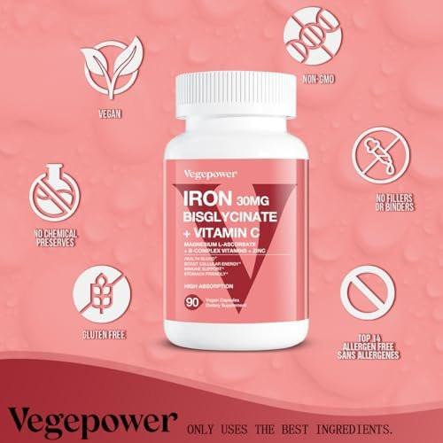 VEGEPOWER Iron Bisglycinate 30 mg with Vitamin C - High Absorption Iron Supplements for Anemia, Energy & Healthy Red Blood Cells - Gentle on Stomach, Non-Constipating, Non-GMO - 90 Vegan Capsules - görsel 1