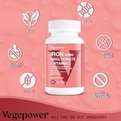 Iron Bisglycinate Supplement for Women & Men - 30mg Iron Pills with Vitamin C, B12, Folic Acid - Chelated Iron for Anemia, Health Blood - High Absorption, Gluten-Free, Non-GMO - 60 Vegan Caps