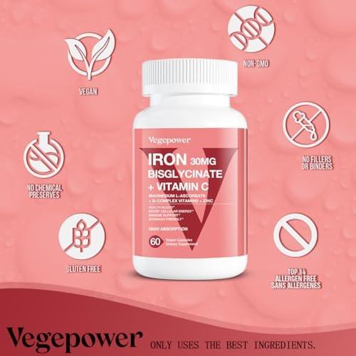 Iron Bisglycinate Supplement for Women & Men - 30mg Iron Pills with Vitamin C, B12, Folic Acid - Chelated Iron for Anemia, Health Blood - High Absorption, Gluten-Free, Non-GMO - 60 Vegan Caps - görsel 9