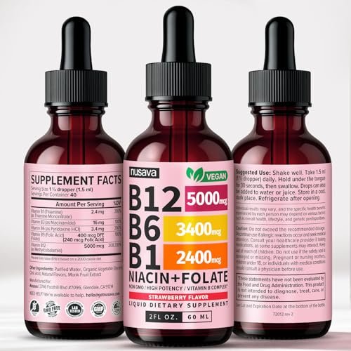 (2 Pack) Vitamin B12 and B6 Liquid Drops, B12 Sublingual Vitamin B Complex - B 12 Vitamin 5000mcg - B12 Methylcobalamin for Energy, Brain, and Heart Support with 27,200 mcg, Strawberry, 80 Servings - görsel 1