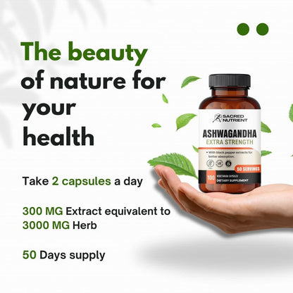 Sacred Nutrient Ashwagandha Organic Extra Strength Supplement with Black Pepper for Stress & Mood Support, Energy 300mg Extract (Equivalent 3000mg Herb), 100 Capsules