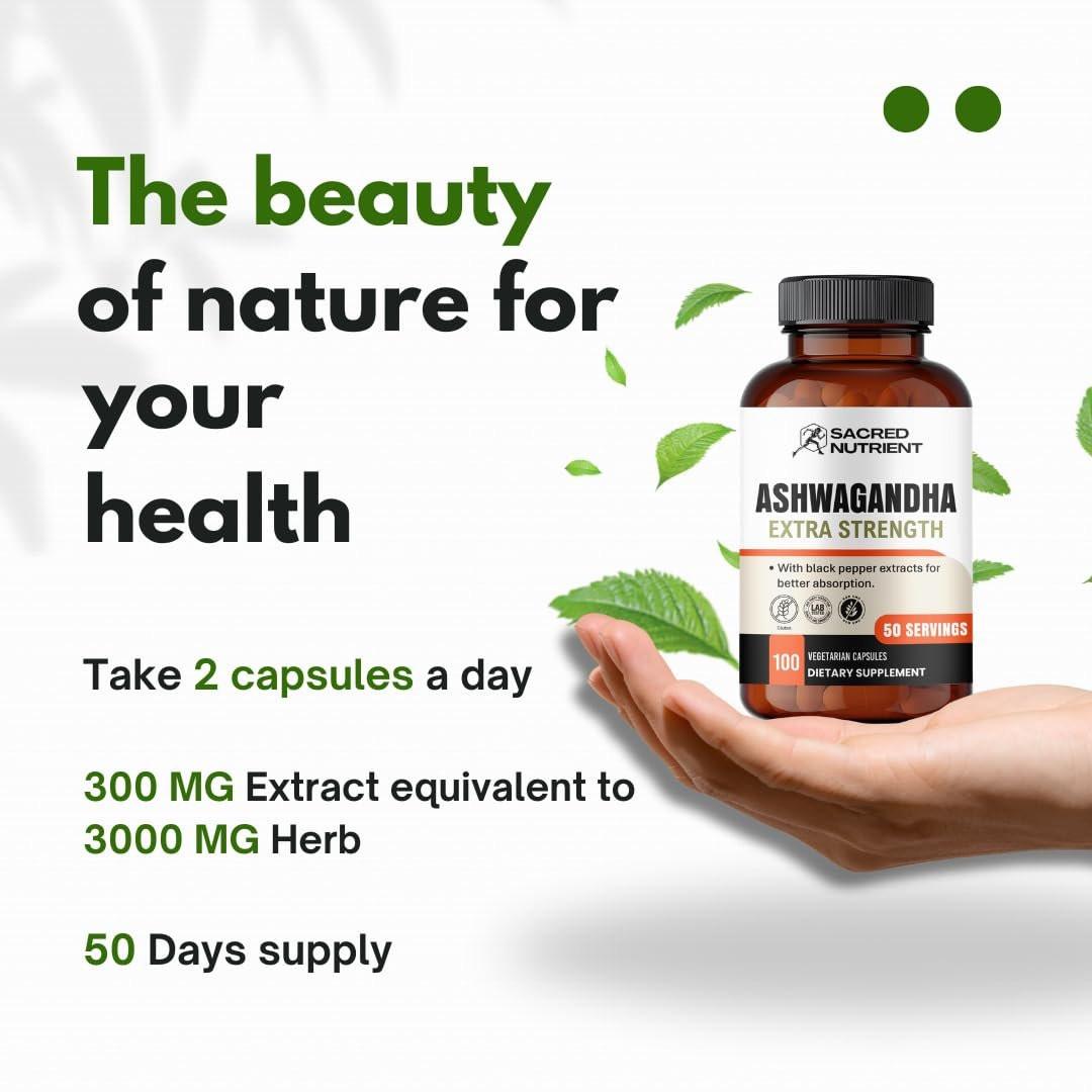 Sacred Nutrient Ashwagandha Organic Extra Strength Supplement with Black Pepper for Stress & Mood Support, Energy 300mg Extract (Equivalent 3000mg Herb), 100 Capsules - görsel 3