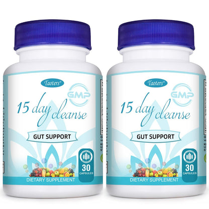 TAOTERS 15 Day Cleanse Gut Support 2 Pack, Detox Supplement with Senna, Cascara Sagrada & Psyllium Husk, for Men and Women | Total 60 Capsules