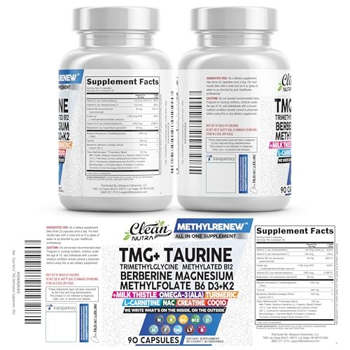 Clean Nutra TMG Supplements 1000mg | Methylated Multivitamin for Women Men | Taurine B6 Vitamins B12 D3 K2 Trimethylglycine Magnesium Methylfolate Milk Thistle NAC COQ10 B Supplement Complex Capsules - görsel 1