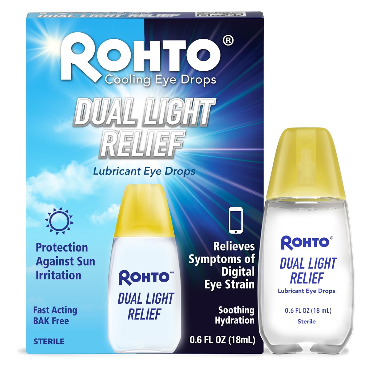 Rohto Dual Light Relief Cooling Lubricant Eye Drops, Protect Against Sun Irritation & Digital Eye Strain, Fast-Acting Relief of Dry Eyes, Grittiness, Burning & Stinging, 0.6 fl oz - görsel 1