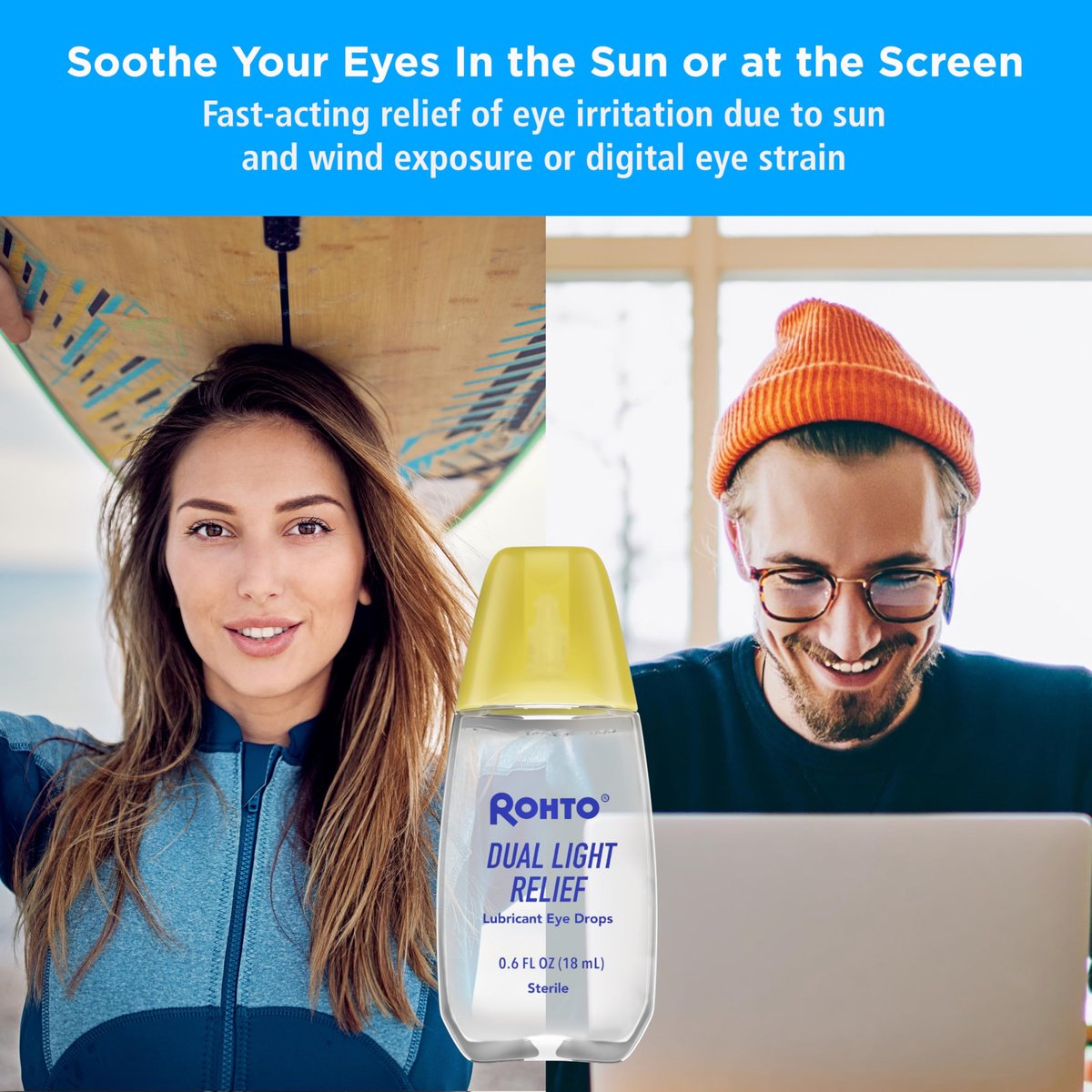 Rohto Dual Light Relief Cooling Lubricant Eye Drops, Protect Against Sun Irritation & Digital Eye Strain, Fast-Acting Relief of Dry Eyes, Grittiness, Burning & Stinging, 0.6 fl oz - görsel 3