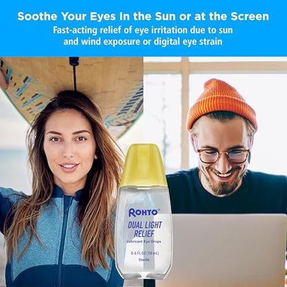 Rohto Dual Light Relief Cooling Lubricant Eye Drops, Protect Against Sun Irritation & Digital Eye Strain, Fast-Acting Relief of Dry Eyes, Grittiness, Burning & Stinging, 0.6 fl oz