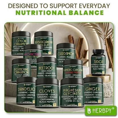 Herbpy 5in1 Ginger and Turmeric Supplements with Ceylon Cinnamon, Garlic - Digestion, Immune, Brain & Heart Health Support - 100 Ginger Capsules