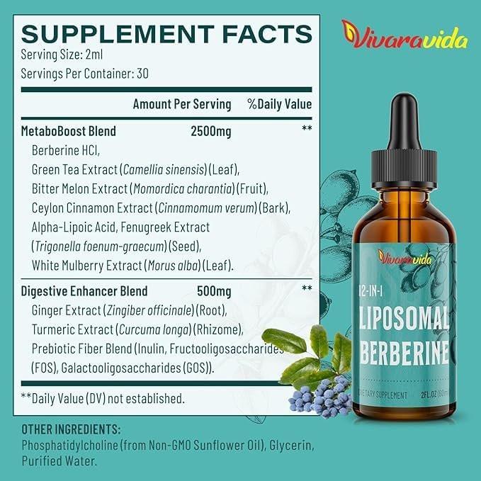 Berberine HCl Supplement 3000 mg - Liposomal Berberine HCl Liquid - AMPK Activator with Turmeric, Ceylon Cinnamon, 12 Natural Ingredients - 2 fl oz - görsel 4