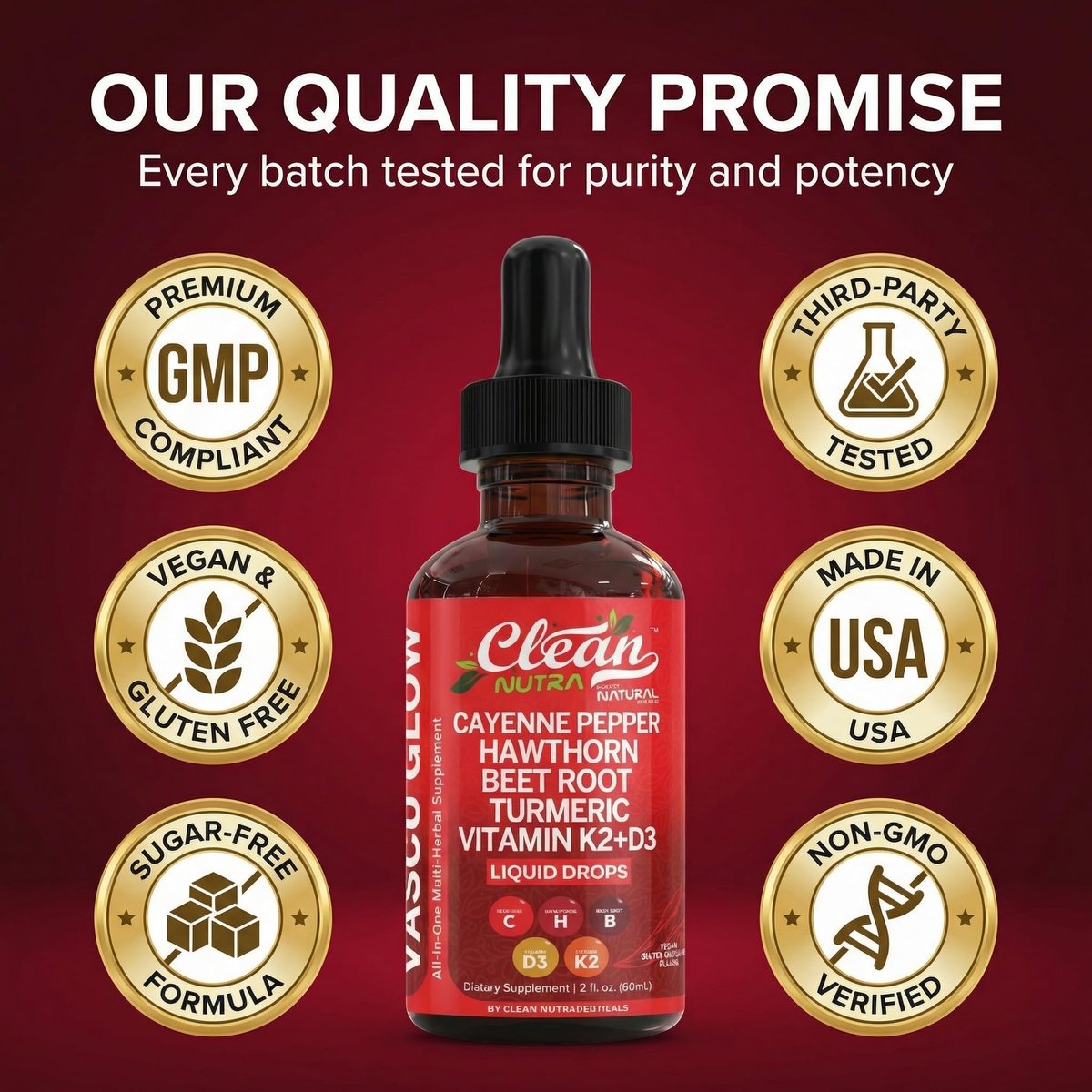 Clean Nutra Cayenne Pepper Drops Supplement Liquid + Hawthorn Berry, Vitamin D3 K2 Beet Root Powder, Ceylon Cinnamon, Turmeric Curcumin, Organic Panax Ginseng, Berberine Extract 1 Pack - görsel 15