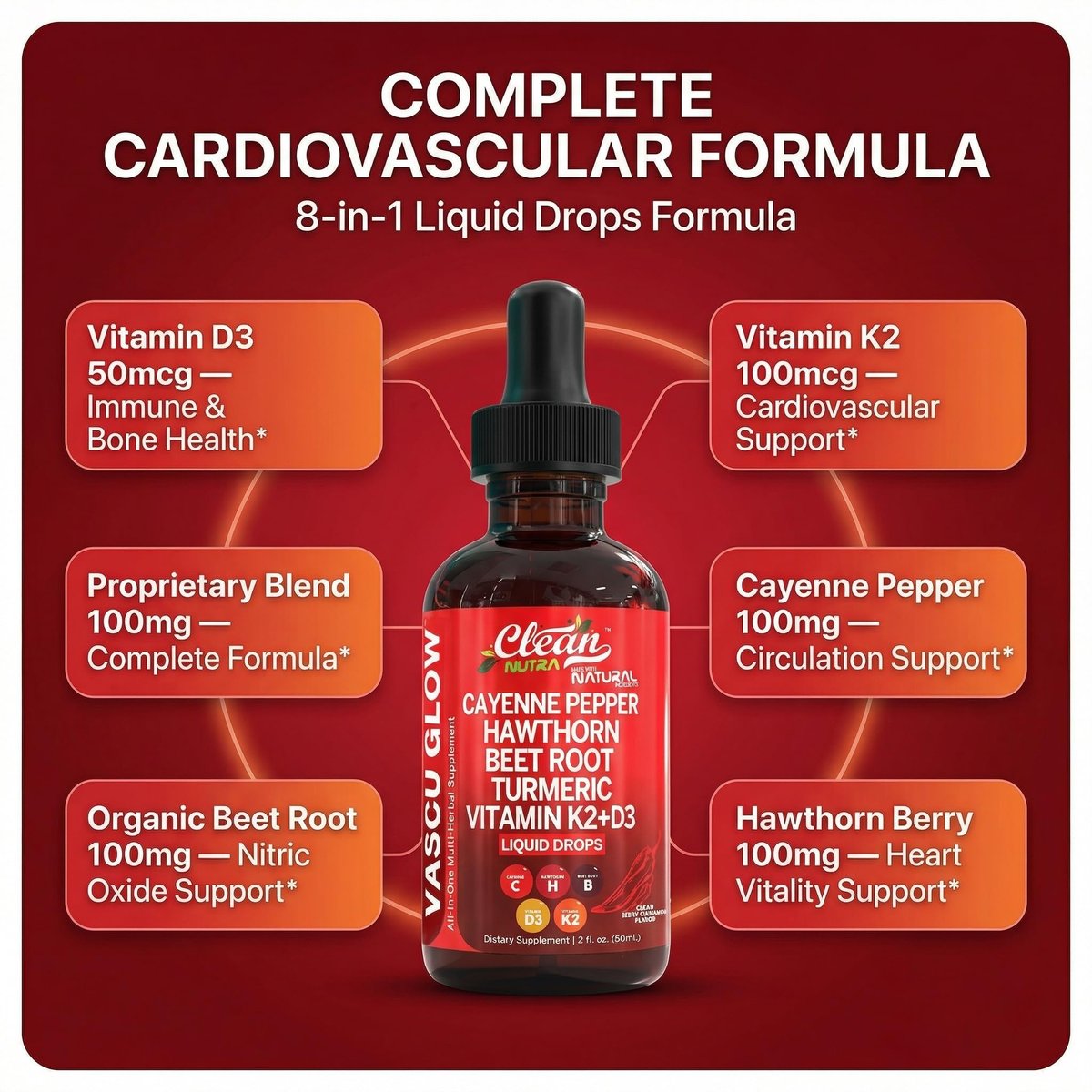 Clean Nutra Cayenne Pepper Drops Supplement Liquid + Hawthorn Berry, Vitamin D3 K2 Beet Root Powder, Ceylon Cinnamon, Turmeric Curcumin, Organic Panax Ginseng, Berberine Extract 1 Pack - görsel 7