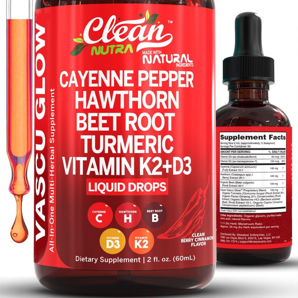 Clean Nutra Cayenne Pepper Drops Supplement Liquid + Hawthorn Berry, Vitamin D3 K2 Beet Root Powder, Ceylon Cinnamon, Turmeric Curcumin, Organic Panax Ginseng, Berberine Extract 1 Pack - görsel 1