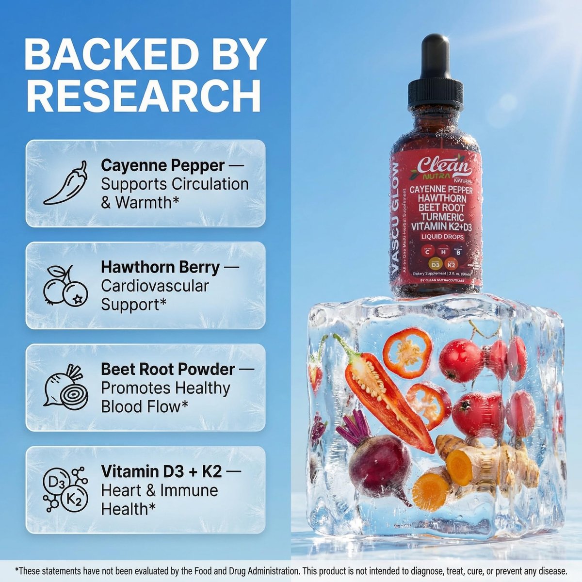 Clean Nutra Cayenne Pepper Drops Supplement Liquid + Hawthorn Berry, Vitamin D3 K2 Beet Root Powder, Ceylon Cinnamon, Turmeric Curcumin, Organic Panax Ginseng, Berberine Extract 1 Pack - görsel 5