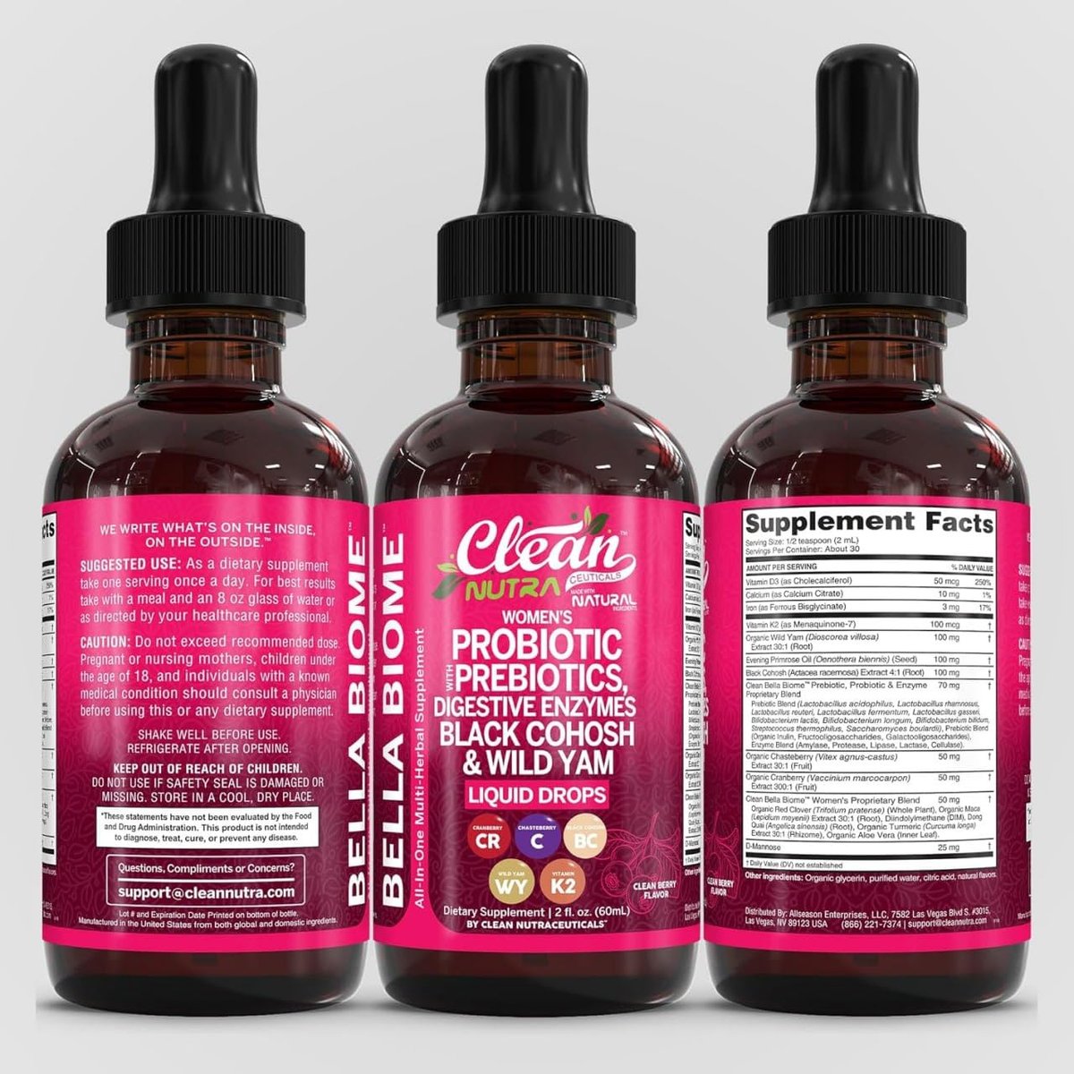 Liquid Probiotics for Women Drops with Chasteberry, Black Cohosh, Prebiotics, Digestive Enzymes, Evening Primrose Oil, Wild Yam, Cranberry Dmannose and Iron Vitamin D3 K2 Clean Nutra Bella Biotics - görsel 8