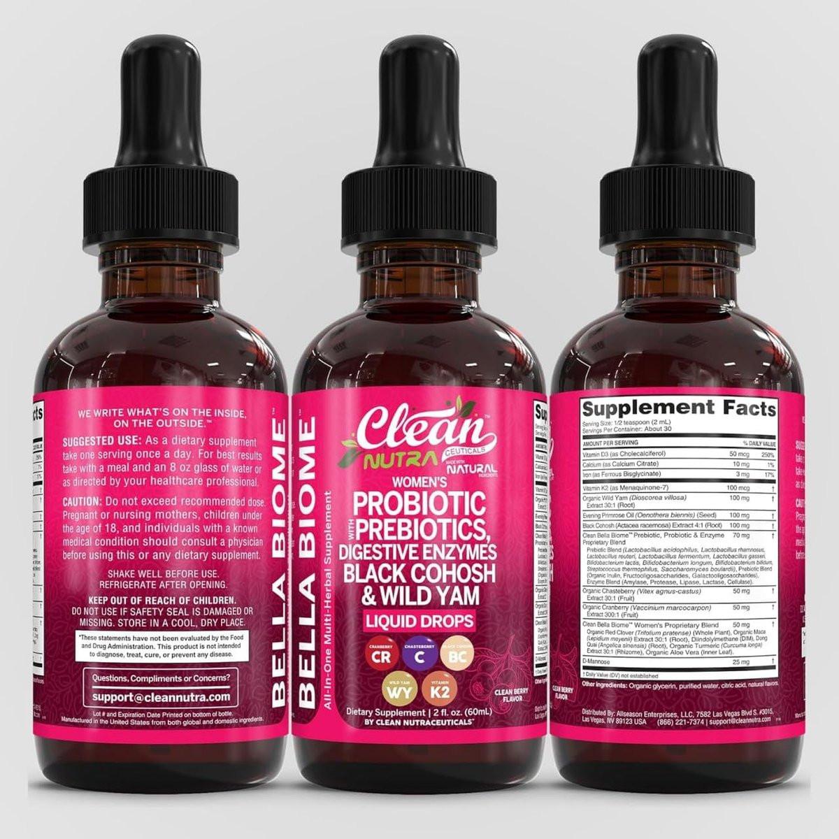 Liquid Probiotics for Women Drops with Chasteberry, Black Cohosh, Prebiotics, Digestive Enzymes, Evening Primrose Oil, Wild Yam, Cranberry Dmannose and Iron Vitamin D3 K2 Clean Nutra Bella Biotics - görsel 16