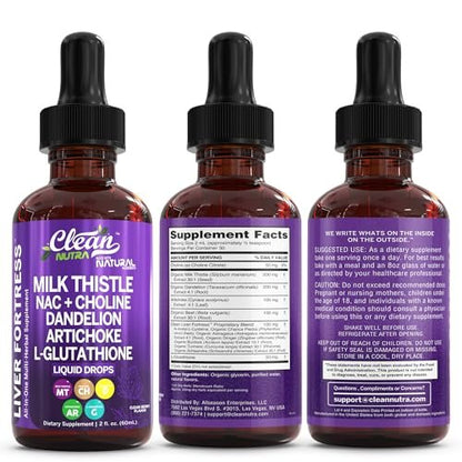 Clean Nutraceuticals Milk Thistle NAC Liver Cleanse Detox & Repair Supplement – Liquid Drops with Dandelion, Artichoke, Chanca Piedra, Choline, L-Glutathione, Burdock, Schisandra – 2 Fl Oz