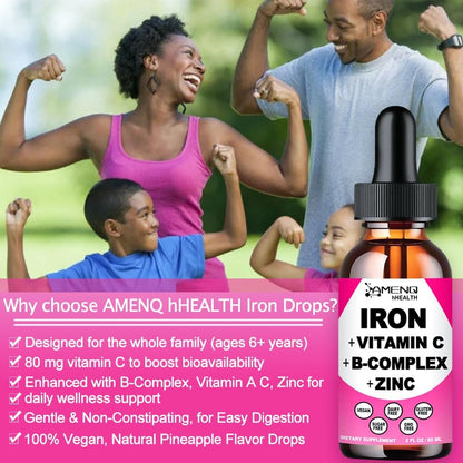 Iron Supplement for Women Men & Kids, Iron Vitamin C, A, B-Complex, Vegan Iron Drops High Potency Liquid Vitamin & Iron Supplements for Anemia, Red Blood Cell, Energy, Blood Builder, Gentle