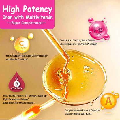 Iron Supplement for Women Men & Kids, Iron Vitamin C, A, B-Complex, Vegan Iron Drops High Potency Liquid Vitamin & Iron Supplements for Anemia, Red Blood Cell, Energy, Blood Builder, Gentle