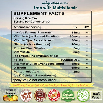 Iron Supplement for Women Men & Kids, Iron Vitamin C, A, B-Complex, Vegan Iron Drops High Potency Liquid Vitamin & Iron Supplements for Anemia, Red Blood Cell, Energy, Blood Builder, Gentle