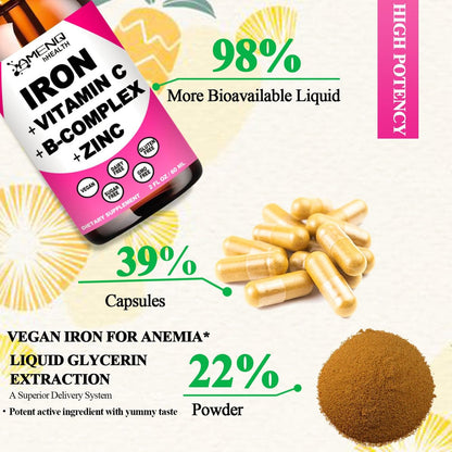 Iron Supplement for Women Men & Kids, Iron Vitamin C, A, B-Complex, Vegan Iron Drops High Potency Liquid Vitamin & Iron Supplements for Anemia, Red Blood Cell, Energy, Blood Builder, Gentle