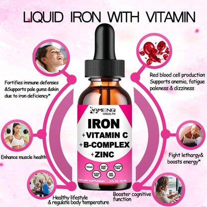 Iron Supplement for Women Men & Kids, Iron Vitamin C, A, B-Complex, Vegan Iron Drops High Potency Liquid Vitamin & Iron Supplements for Anemia, Red Blood Cell, Energy, Blood Builder, Gentle