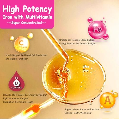 Iron Supplement for Women Men & Kids, Iron Vitamin C, A, B-Complex, Vegan Iron Drops High Potency Liquid Vitamin & Iron Supplements for Anemia, Red Blood Cell, Energy, Blood Builder, Gentle - görsel 3